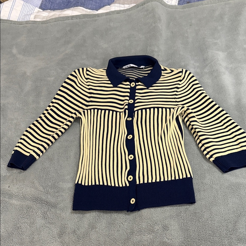 Zara Navy and Cream Striped Crop Cardigan